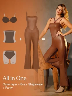 Shapewear Faux Leather Corset Bodice Slimming Jumpsuit