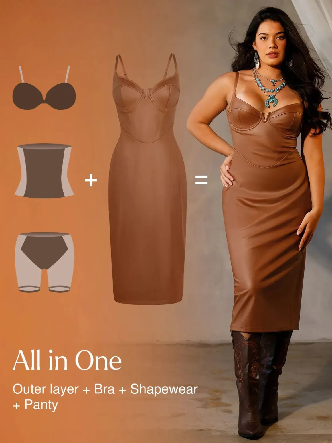 Shapewear Faux Leather Hourglass Corset Midi Dress