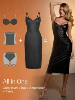 Shapewear Faux Leather Hourglass Corset Midi Dress