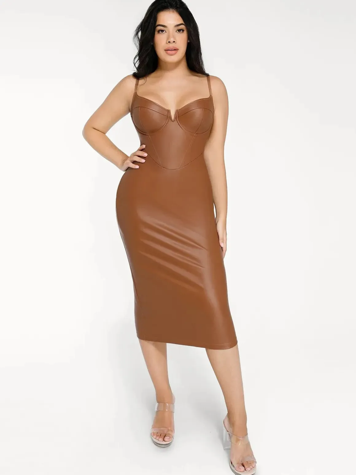 Shapewear Faux Leather Hourglass Corset Midi Dress