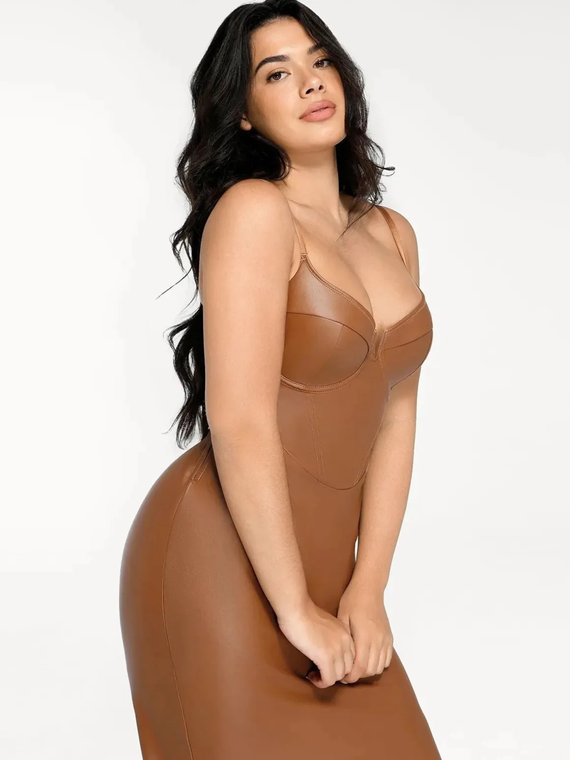 Shapewear Faux Leather Hourglass Corset Midi Dress