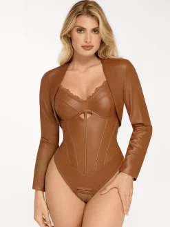 Shapewear Faux Leather Hourglass Cutout Corset Bodysuit