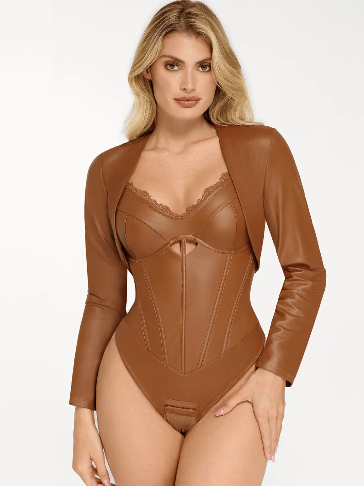 Shapewear Faux Leather Hourglass Cutout Corset Bodysuit