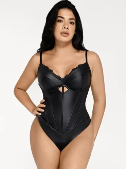 Shapewear Faux Leather Hourglass Cutout Corset Bodysuit