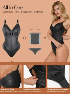 Shapewear Faux Leather Hourglass Cutout Corset Bodysuit Butt Lifting Skirt Set