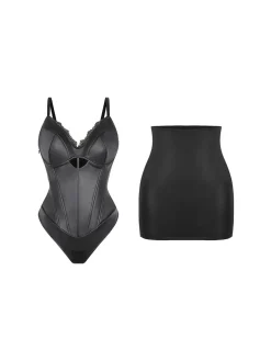 Shapewear Faux Leather Hourglass Cutout Corset Bodysuit Butt Lifting Skirt Set