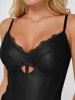 Shapewear Faux Leather Hourglass Cutout Corset Bodysuit Butt Lifting Skirt Set
