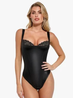 Shapewear Faux Leather Lace Balconette Sculpting Bodysuit