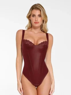 Shapewear Faux Leather Lace Balconette Sculpting Bodysuit