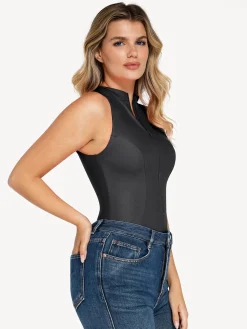 Shapewear Faux Leather Mock Neck Zip Front Sculpting Bodysuit