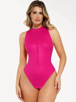Shapewear Faux Leather Mock Neck Zip Front Sculpting Bodysuit