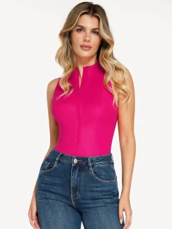 Shapewear Faux Leather Mock Neck Zip Front Sculpting Bodysuit