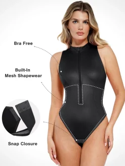Shapewear Faux Leather Mock Neck Zip Front Sculpting Bodysuit