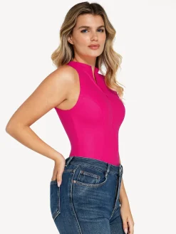 Shapewear Faux Leather Mock Neck Zip Front Sculpting Bodysuit