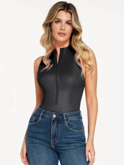 Shapewear Faux Leather Mock Neck Zip Front Sculpting Bodysuit