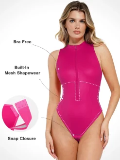 Shapewear Faux Leather Mock Neck Zip Front Sculpting Bodysuit