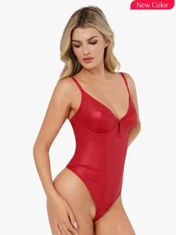 Shapewear Faux Leather Plunging V Sculpting Corset Bodysuit