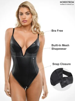 Shapewear Faux Leather Plunging V Sculpting Corset Bodysuit