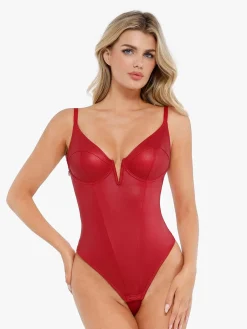 Shapewear Faux Leather Plunging V Sculpting Corset Bodysuit