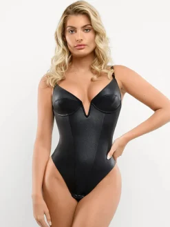 Shapewear Faux Leather Plunging V Sculpting Corset Bodysuit