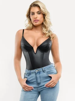 Shapewear Faux Leather Plunging V Sculpting Corset Bodysuit