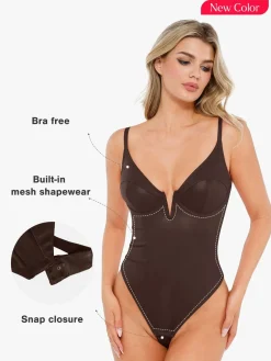 Shapewear Faux Leather Plunging V Sculpting Corset Bodysuit