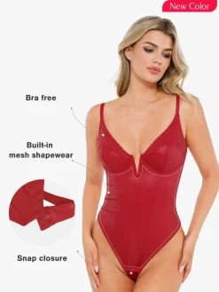 Shapewear Faux Leather Plunging V Sculpting Corset Bodysuit