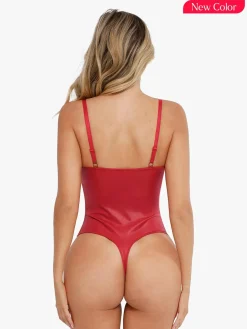Shapewear Faux Leather Plunging V Sculpting Corset Bodysuit