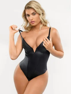 Shapewear Faux Leather Plunging V Sculpting Corset Bodysuit