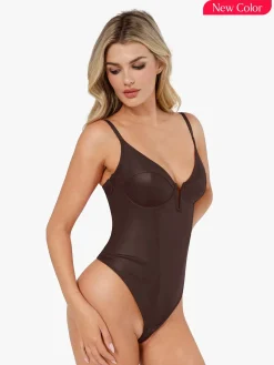 Shapewear Faux Leather Plunging V Sculpting Corset Bodysuit