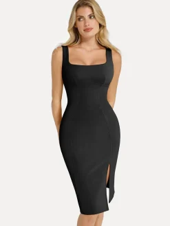 Shapewear Faux Nubuck Bodycon Sculpting Slit Midi Dress