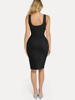 Shapewear Faux Nubuck Bodycon Sculpting Slit Midi Dress