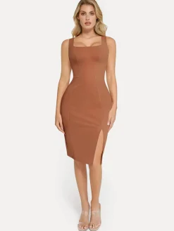 Shapewear Faux Nubuck Bodycon Sculpting Slit Midi Dress