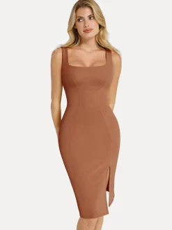 Shapewear Faux Nubuck Bodycon Sculpting Slit Midi Dress