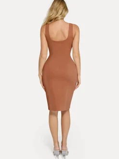 Shapewear Faux Nubuck Bodycon Sculpting Slit Midi Dress