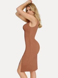 Shapewear Faux Nubuck Bodycon Sculpting Slit Midi Dress
