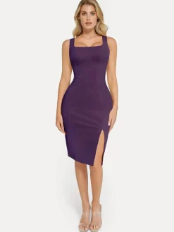 Shapewear Faux Nubuck Bodycon Sculpting Slit Midi Dress