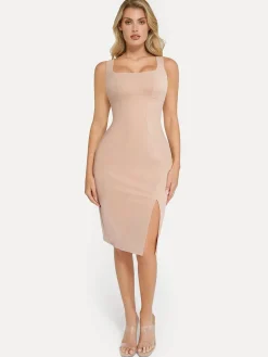 Shapewear Faux Nubuck Bodycon Sculpting Slit Midi Dress