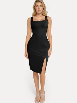 Shapewear Faux Nubuck Bodycon Sculpting Slit Midi Dress