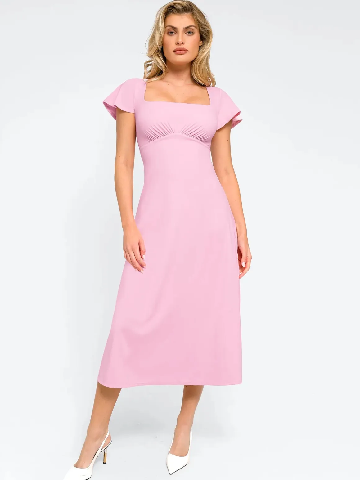 Shapewear Flutter Sleeve Sculpting A-Line Midi Dress