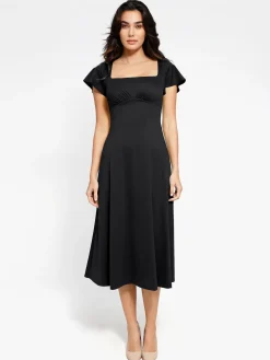 Shapewear Flutter Sleeve Sculpting A-Line Midi Dress