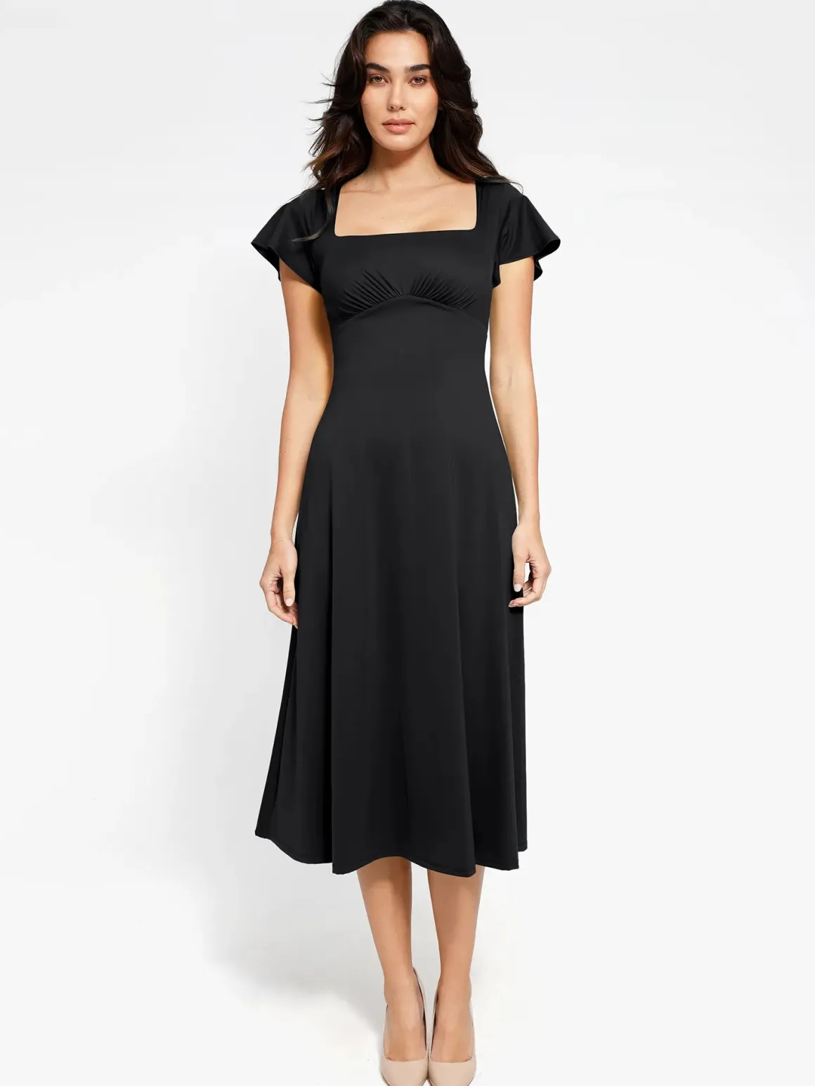 Shapewear Flutter Sleeve Sculpting A-Line Midi Dress