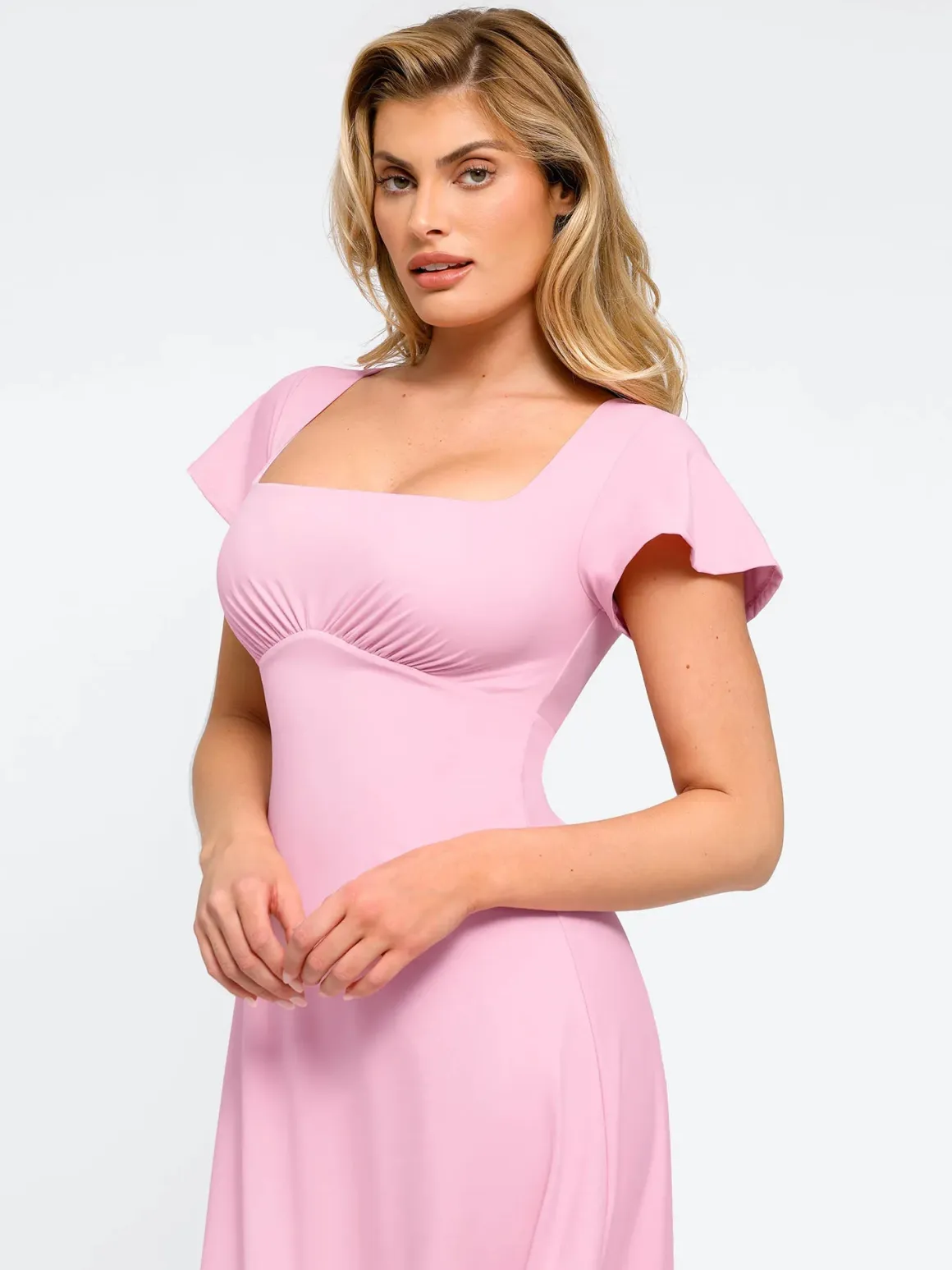 Shapewear Flutter Sleeve Sculpting A-Line Midi Dress