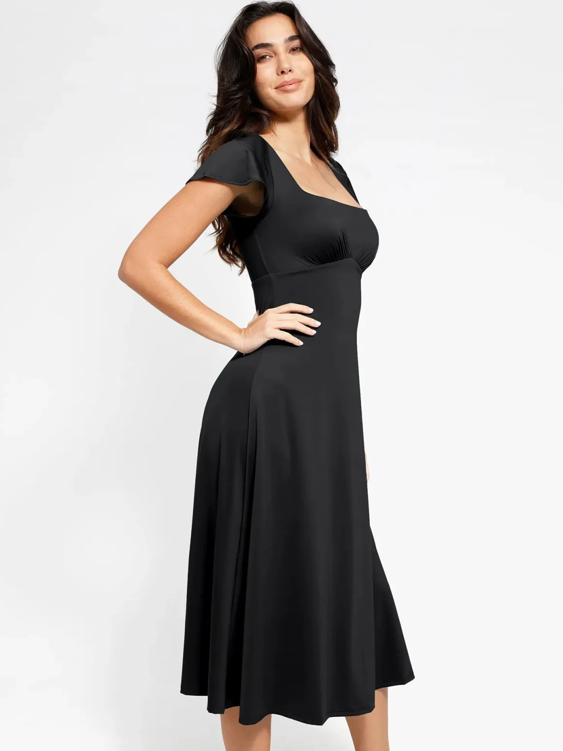 Shapewear Flutter Sleeve Sculpting A-Line Midi Dress