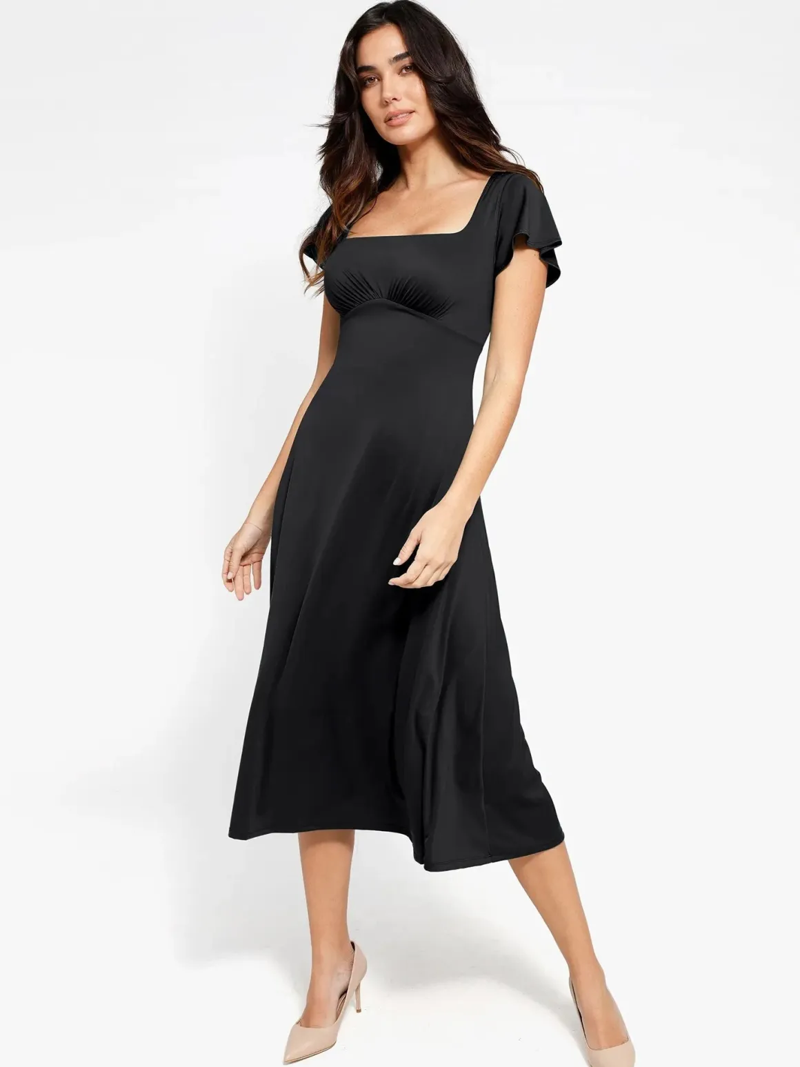 Shapewear Flutter Sleeve Sculpting A-Line Midi Dress