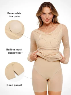 Shapewear Heat-Set Crystal Mesh Long Sleeve Slim Mini Dress