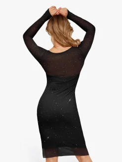 Shapewear Heat-Set Crystal Mesh Long Sleeve Slim Mini Dress