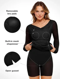 Shapewear Heat-Set Crystal Mesh Long Sleeve Slim Mini Dress