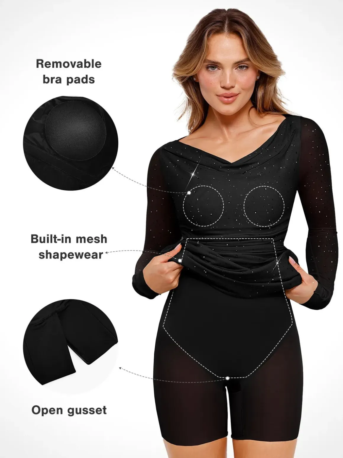 Shapewear Heat-Set Crystal Mesh Long Sleeve Slim Mini Dress