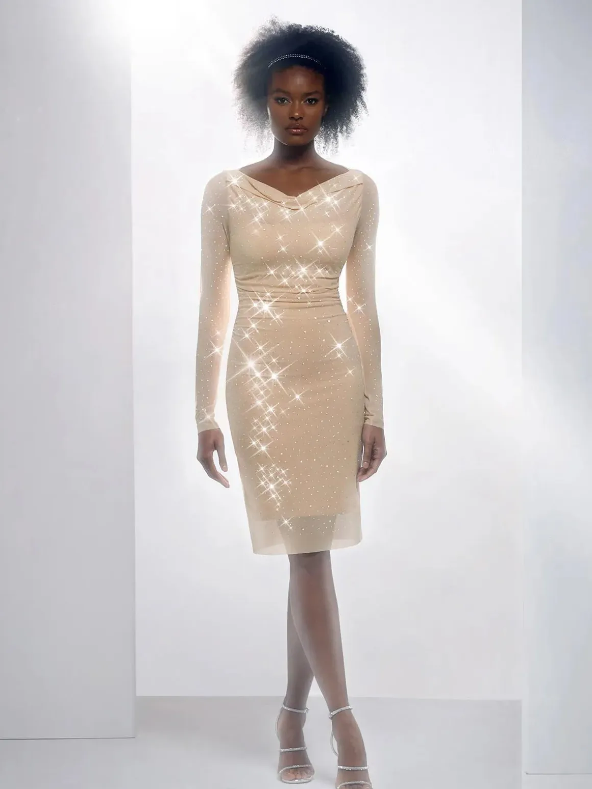 Shapewear Heat-Set Crystal Mesh Long Sleeve Slim Mini Dress